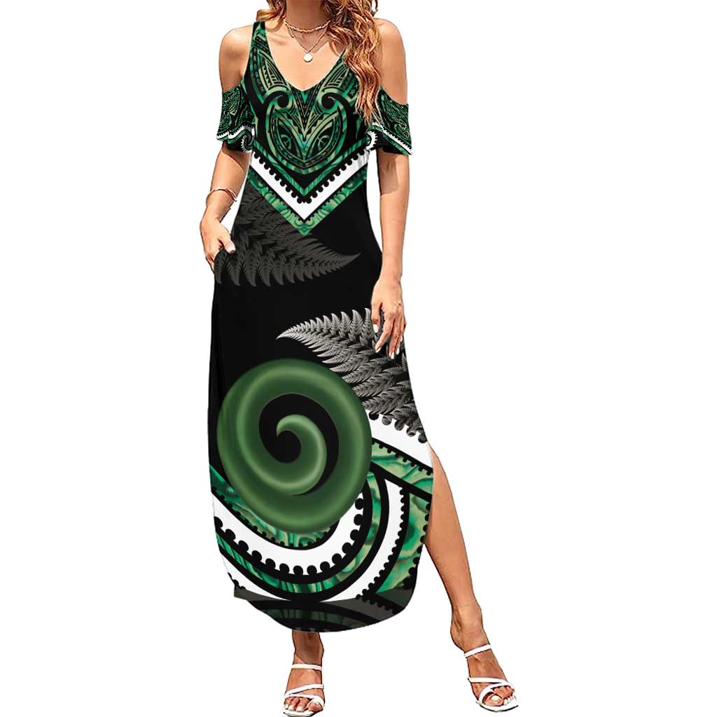 Koru Pounamu Aotearoa Summer Maxi Dress Maori Paua Shell Mix Silver Fern LT14 Women Black - Polynesian Pride