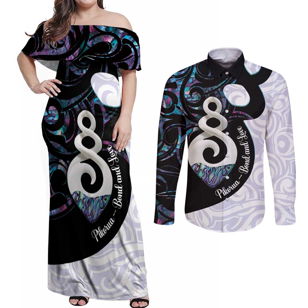 Aotearoa Pikorua Couples Matching Off Shoulder Maxi Dress and Long Sleeve Button Shirt NZ Twist - Bond And Love LT14 White - Polynesian Pride