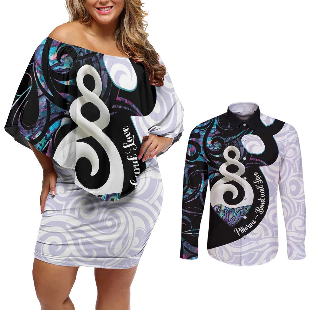 Aotearoa Pikorua Couples Matching Off Shoulder Short Dress and Long Sleeve Button Shirt NZ Twist - Bond And Love LT14 White - Polynesian Pride