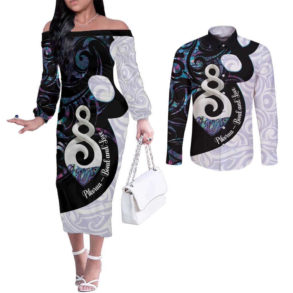 Aotearoa Pikorua Couples Matching Off The Shoulder Long Sleeve Dress and Long Sleeve Button Shirt NZ Twist - Bond And Love LT14 White - Polynesian Pride