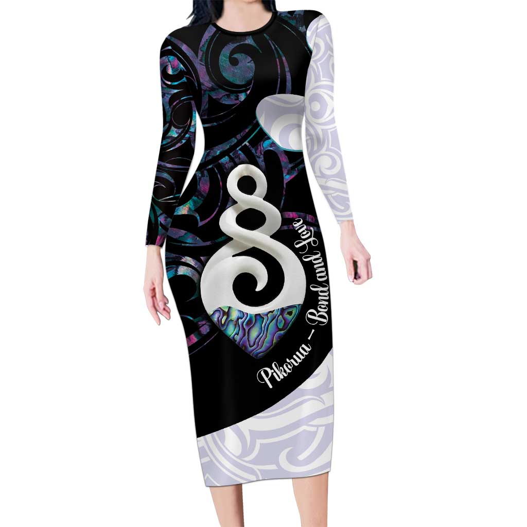 Aotearoa Pikorua Long Sleeve Bodycon Dress NZ Twist - Bond And Love LT14 Long Dress White - Polynesian Pride