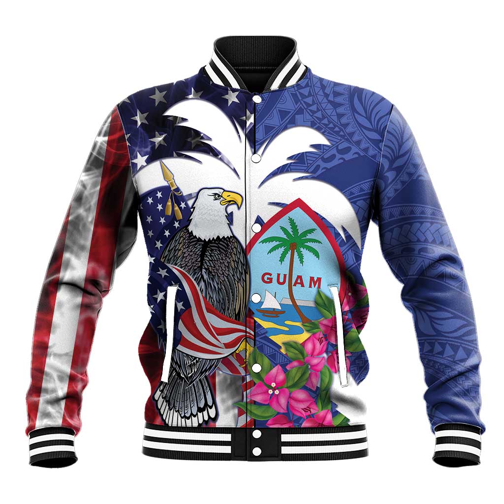United States Guam Baseball Jacket USA Eagle Guahan Seal Bougainvillea LT14 Unisex Blue - Polynesian Pride