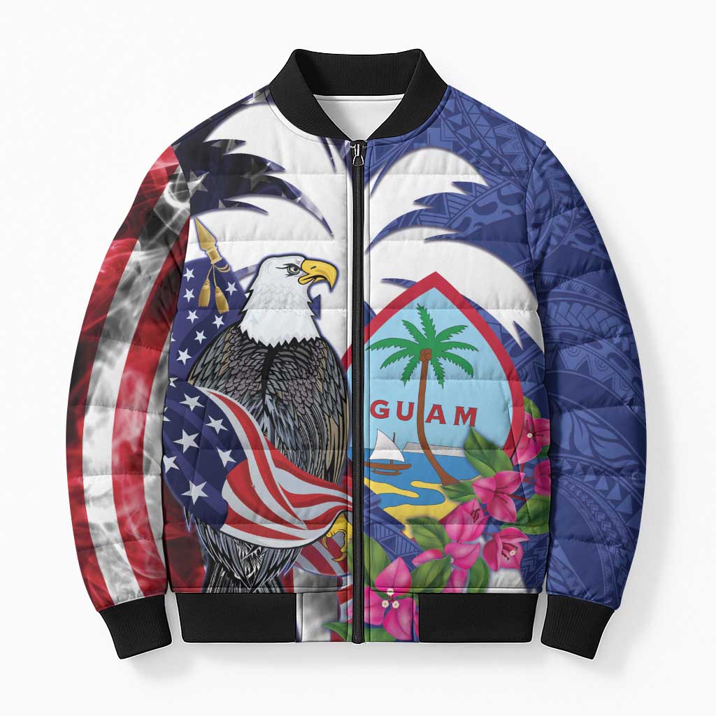 United States Guam Bomber Puffer Jacket USA Eagle Guahan Seal Bougainvillea LT14 Unisex Blue - Polynesian Pride