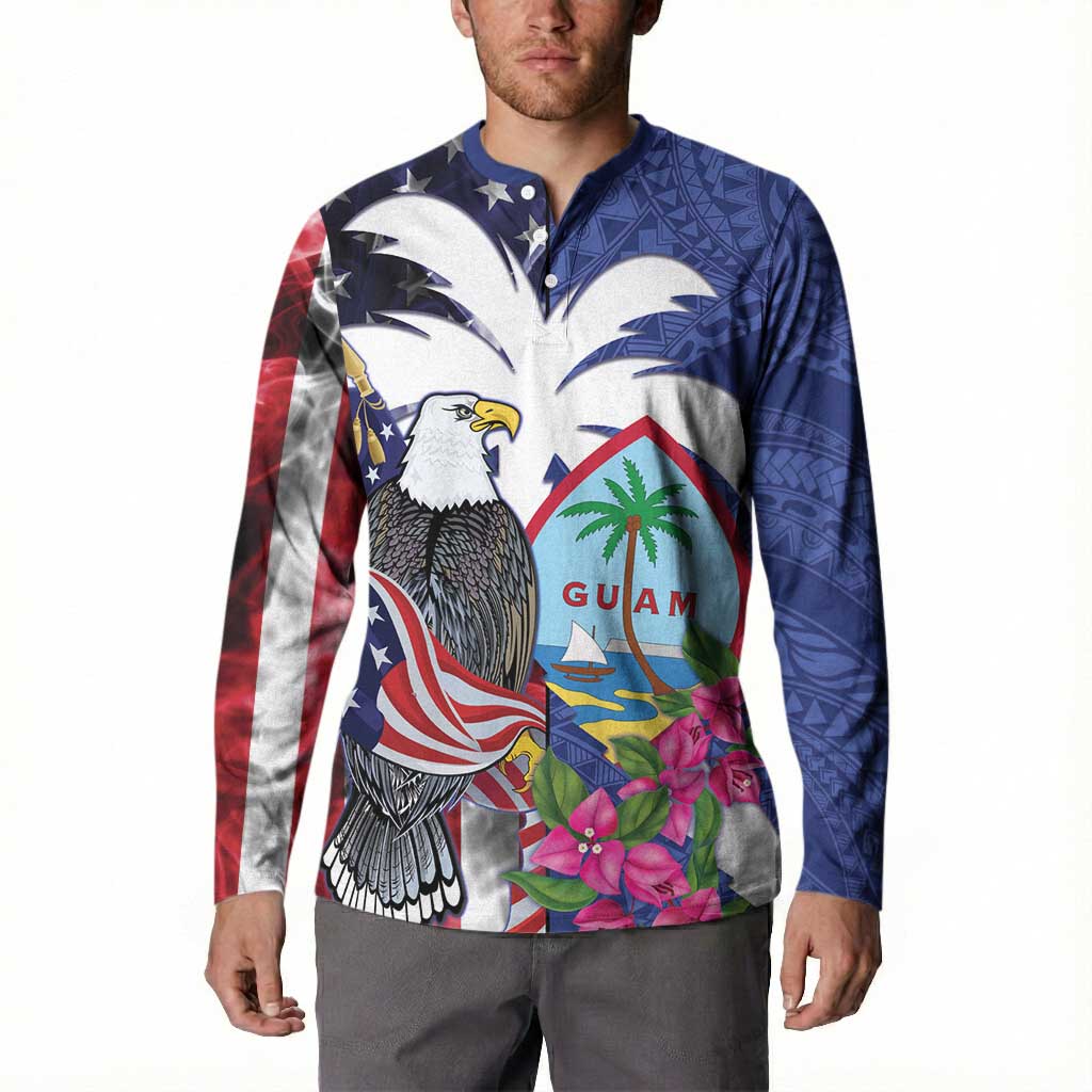 United States Guam Button Sweatshirt USA Eagle Guahan Seal Bougainvillea - Polynesian Pride