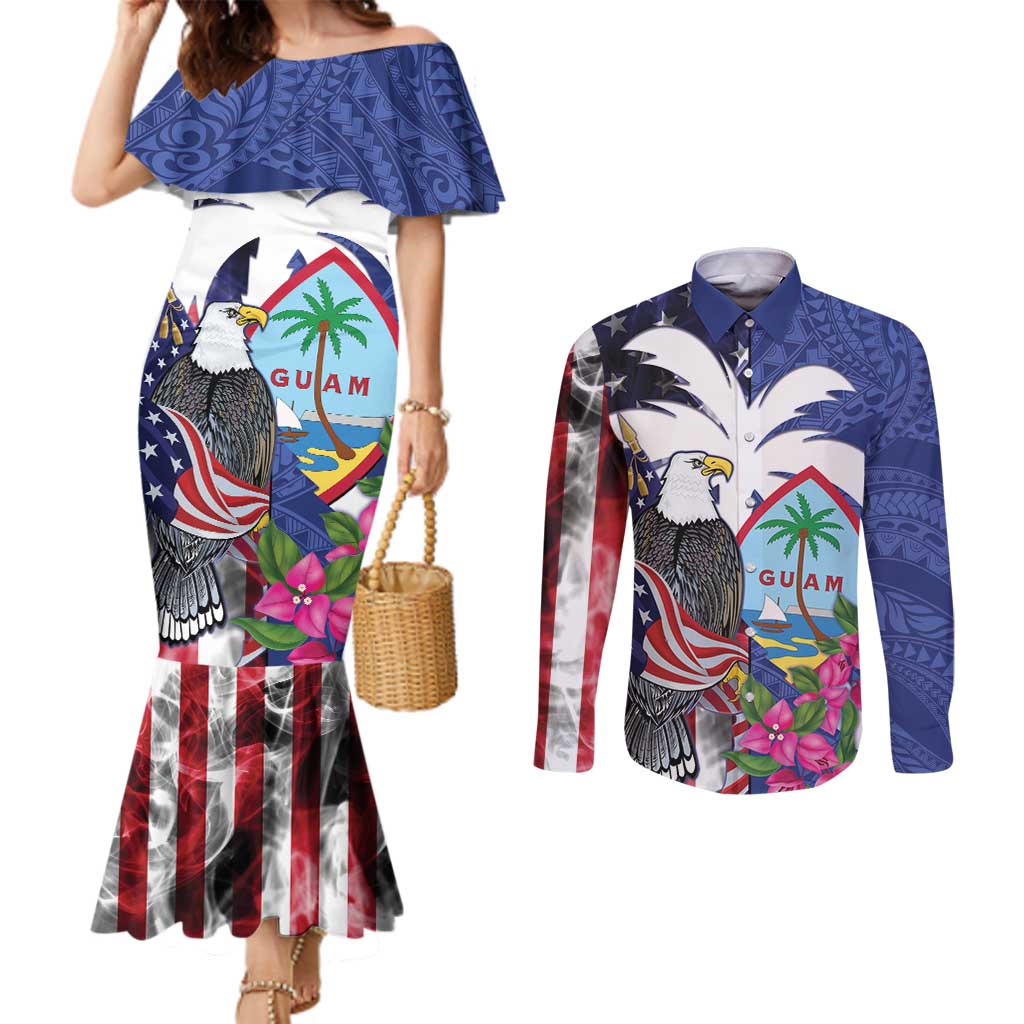 United States Guam Couples Matching Mermaid Dress and Long Sleeve Button Shirt USA Eagle Guahan Seal Bougainvillea - Polynesian Pride