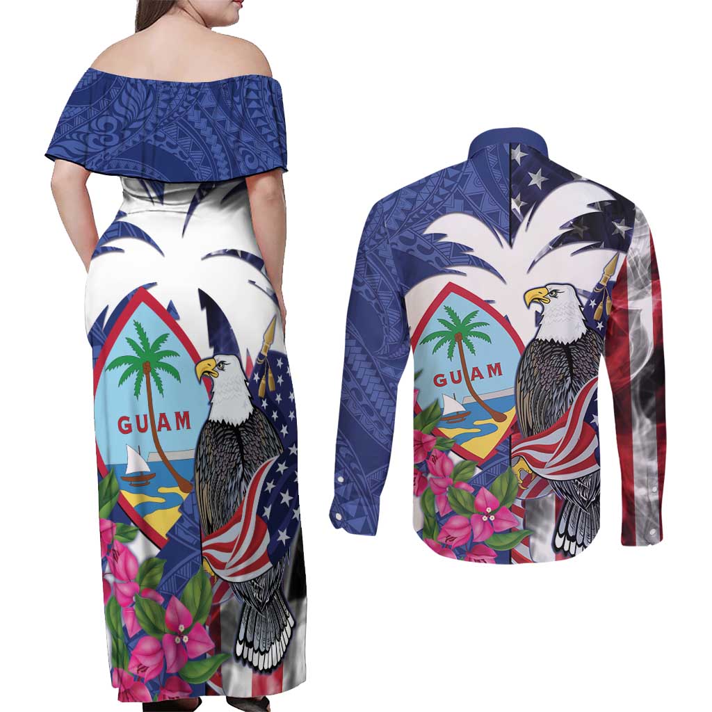 United States Guam Couples Matching Off Shoulder Maxi Dress and Long Sleeve Button Shirt USA Eagle Guahan Seal Bougainvillea - Polynesian Pride