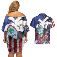 United States Guam Couples Matching Off Shoulder Short Dress and Hawaiian Shirt USA Eagle Guahan Seal Bougainvillea - Polynesian Pride