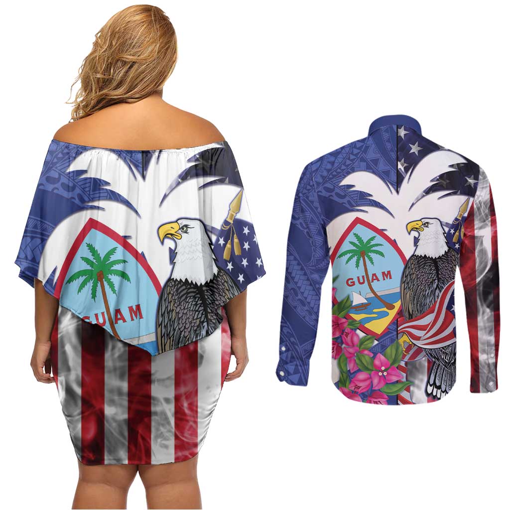 United States Guam Couples Matching Off Shoulder Short Dress and Long Sleeve Button Shirt USA Eagle Guahan Seal Bougainvillea - Polynesian Pride