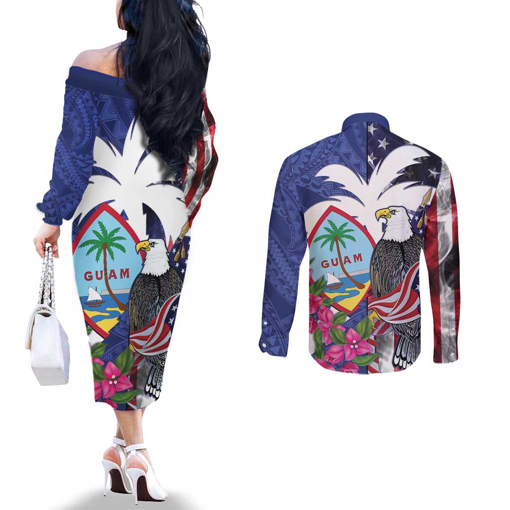 United States Guam Couples Matching Off The Shoulder Long Sleeve Dress and Long Sleeve Button Shirt USA Eagle Guahan Seal Bougainvillea - Polynesian Pride