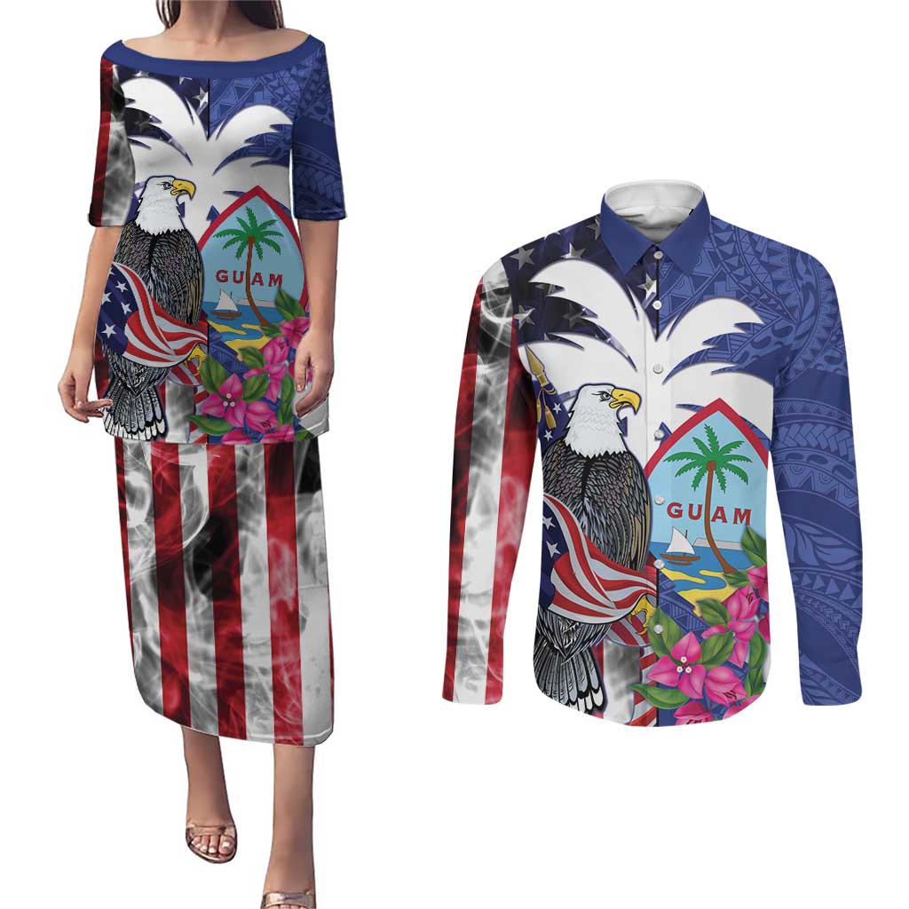 United States Guam Couples Matching Puletasi and Long Sleeve Button Shirt USA Eagle Guahan Seal Bougainvillea LT14 Blue - Polynesian Pride