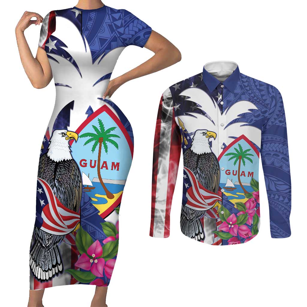 United States Guam Couples Matching Short Sleeve Bodycon Dress and Long Sleeve Button Shirt USA Eagle Guahan Seal Bougainvillea LT14 Blue - Polynesian Pride