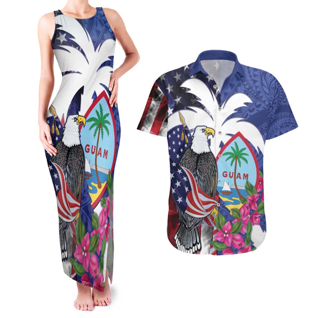 United States Guam Couples Matching Tank Maxi Dress and Hawaiian Shirt USA Eagle Guahan Seal Bougainvillea - Polynesian Pride