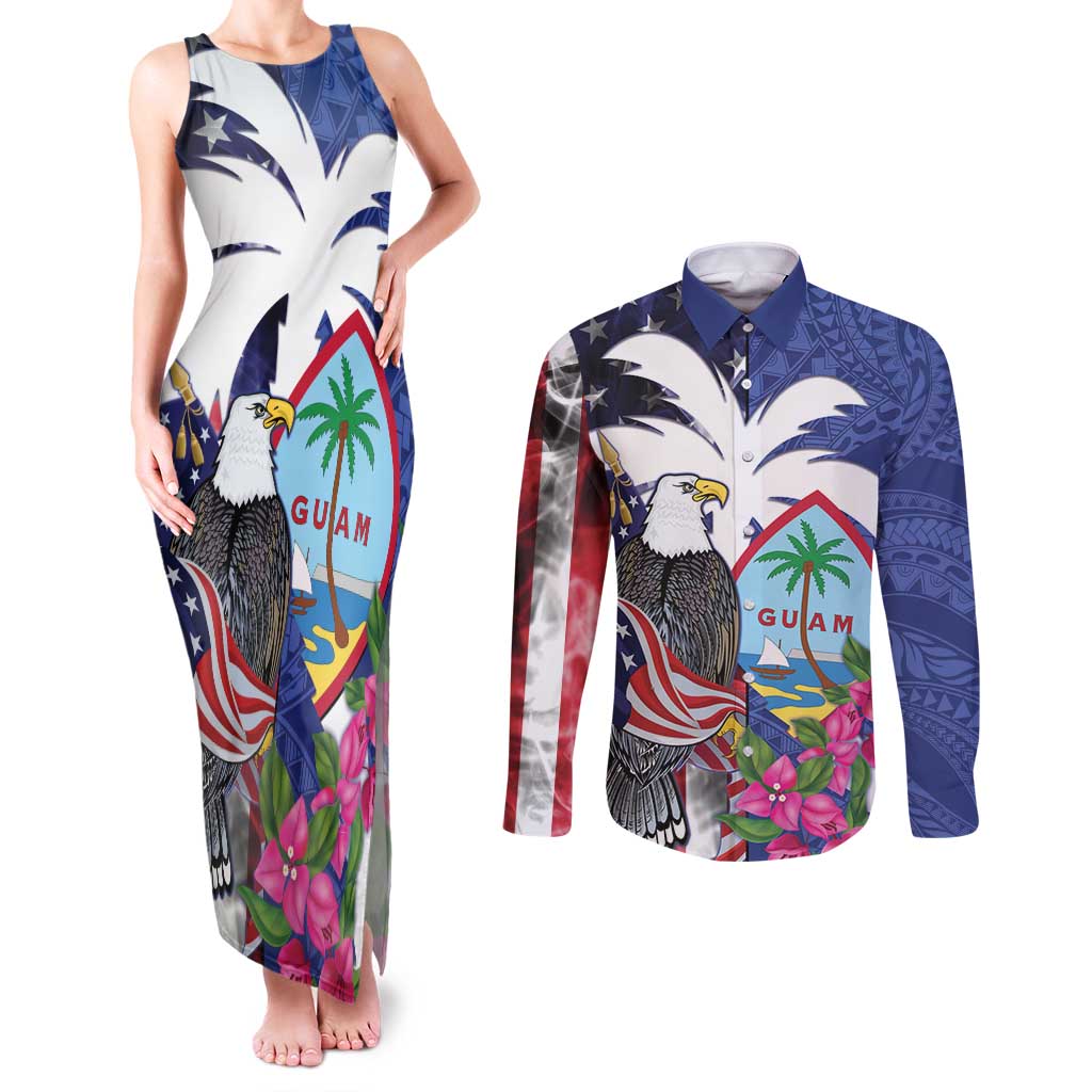 United States Guam Couples Matching Tank Maxi Dress and Long Sleeve Button Shirt USA Eagle Guahan Seal Bougainvillea - Polynesian Pride
