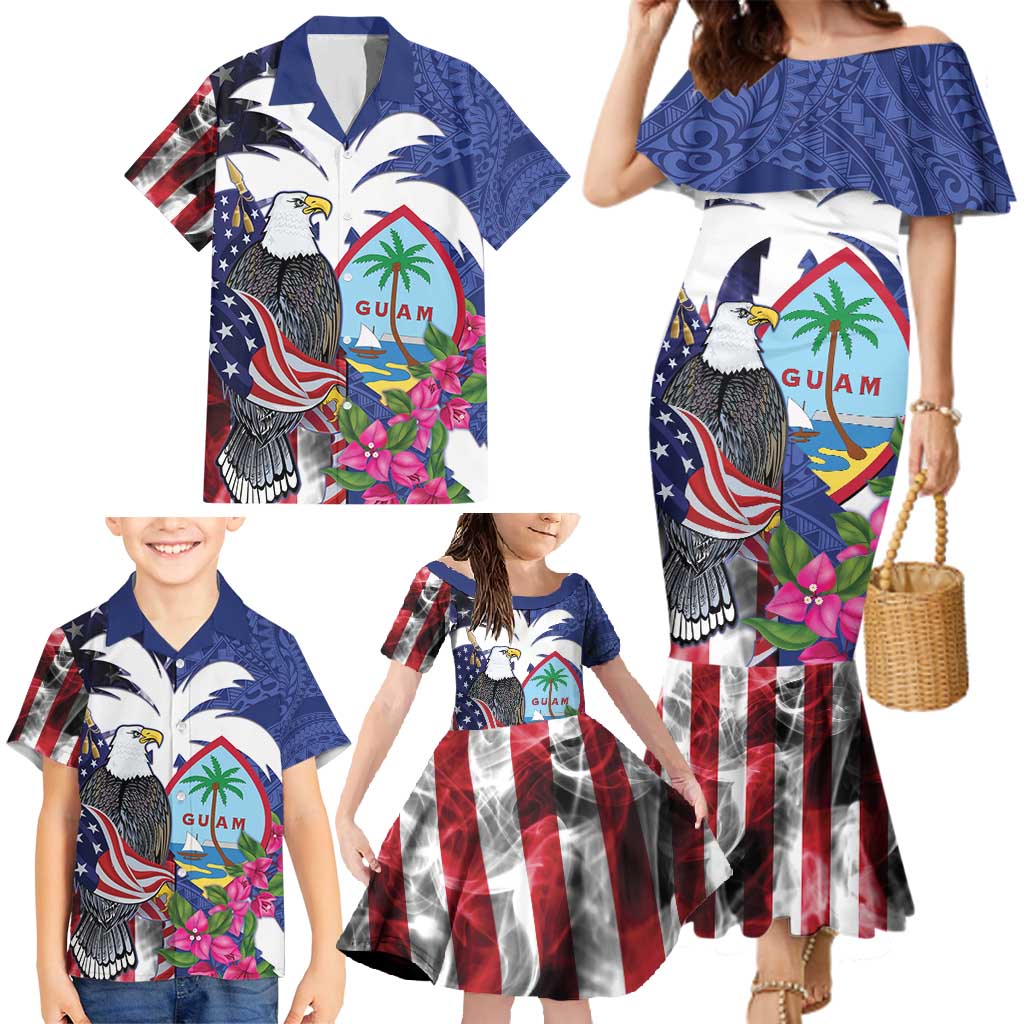 United States Guam Family Matching Mermaid Dress and Hawaiian Shirt USA Eagle Guahan Seal Bougainvillea - Polynesian Pride