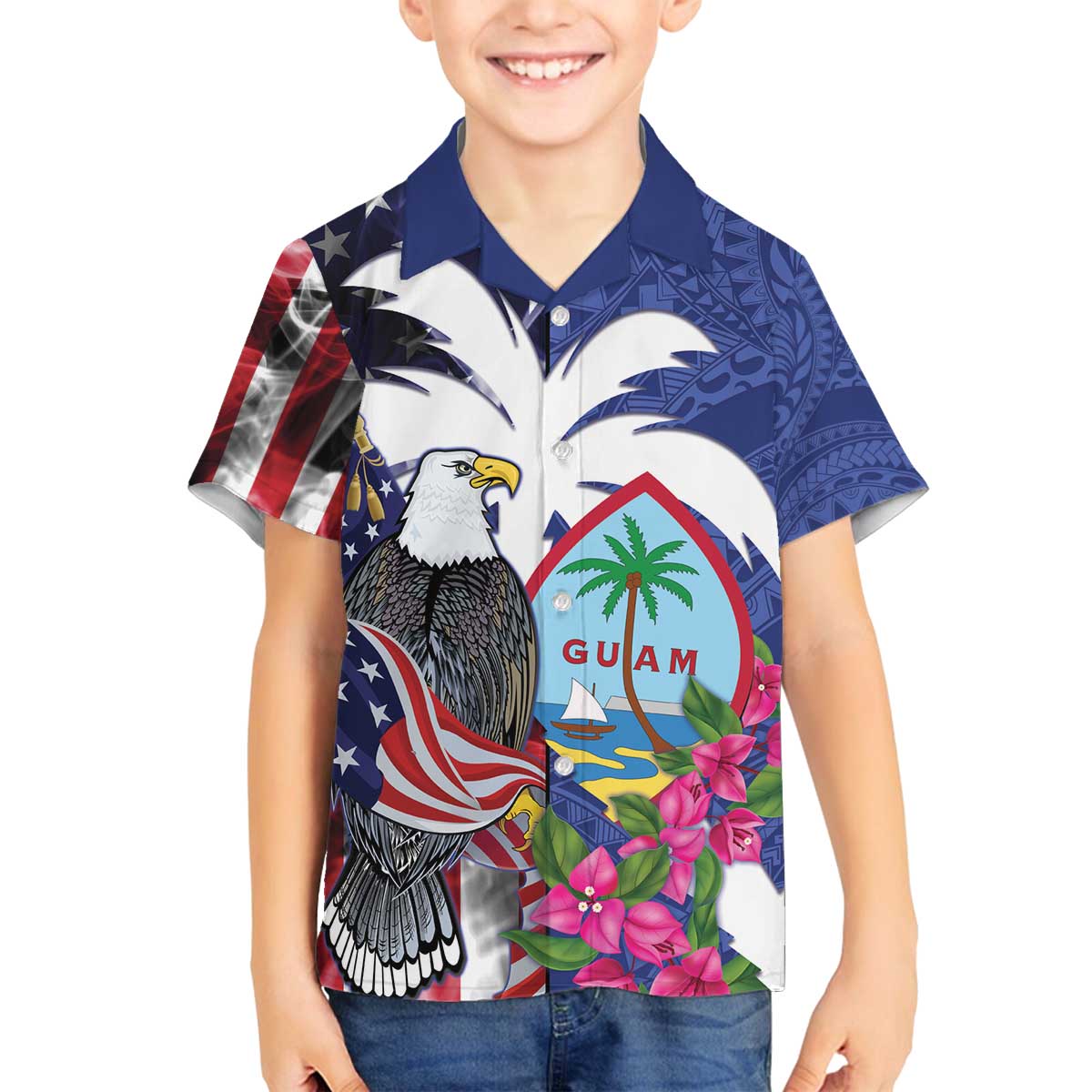United States Guam Family Matching Off The Shoulder Long Sleeve Dress and Hawaiian Shirt USA Eagle Guahan Seal Bougainvillea - Polynesian Pride