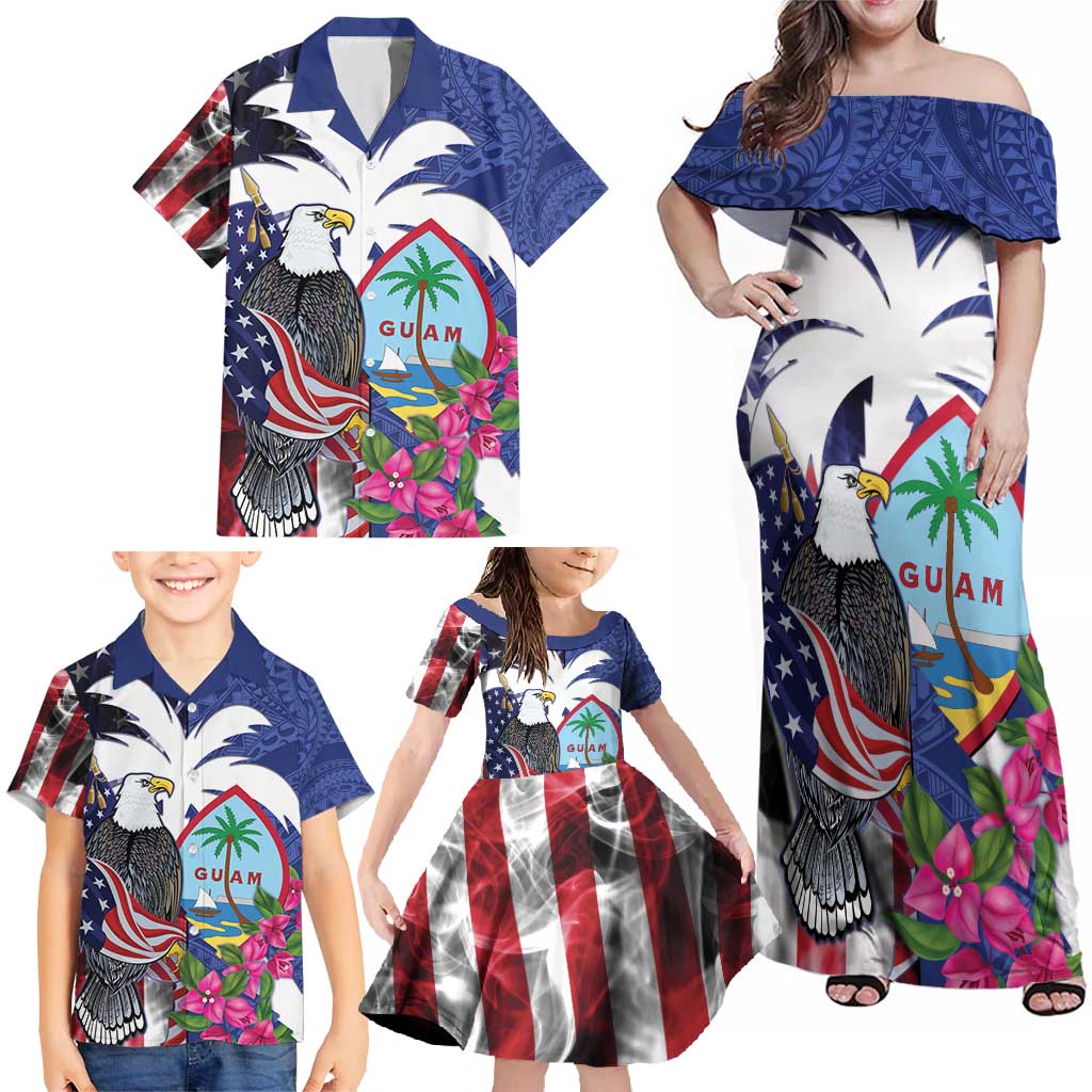 United States Guam Family Matching Off Shoulder Maxi Dress and Hawaiian Shirt USA Eagle Guahan Seal Bougainvillea - Polynesian Pride
