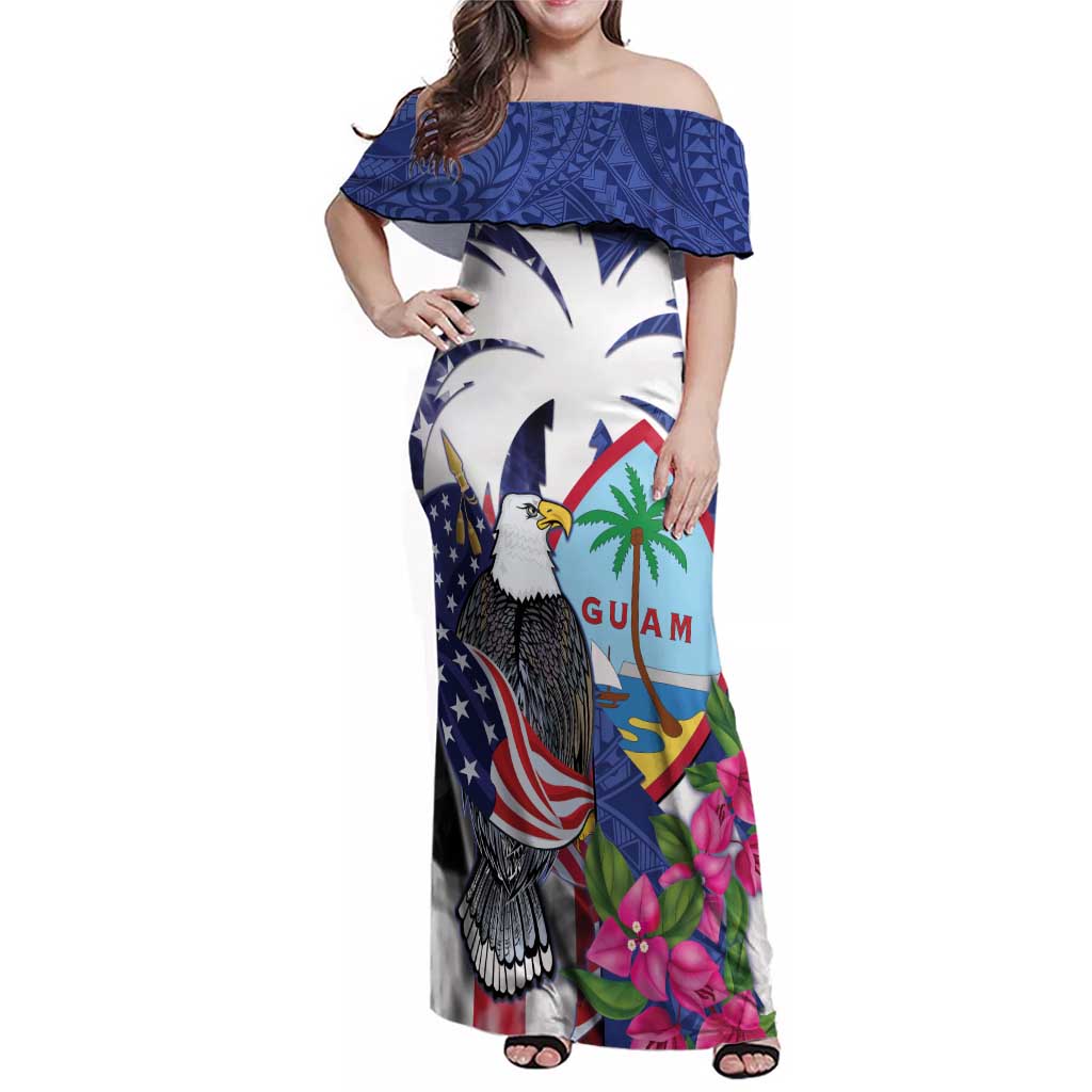 United States Guam Family Matching Off Shoulder Maxi Dress and Hawaiian Shirt USA Eagle Guahan Seal Bougainvillea - Polynesian Pride