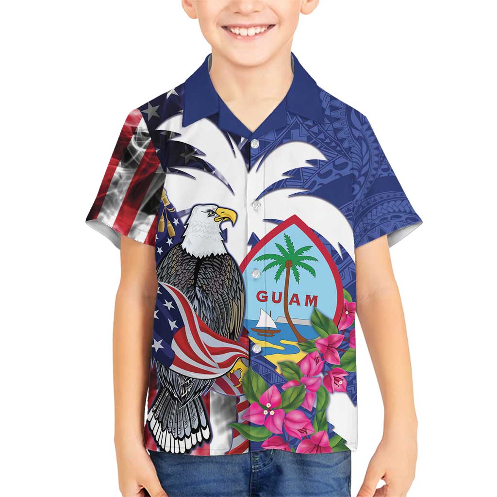 United States Guam Family Matching Off Shoulder Maxi Dress and Hawaiian Shirt USA Eagle Guahan Seal Bougainvillea - Polynesian Pride