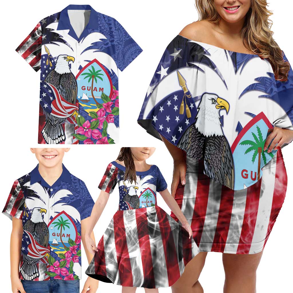 United States Guam Family Matching Off Shoulder Short Dress and Hawaiian Shirt USA Eagle Guahan Seal Bougainvillea - Polynesian Pride