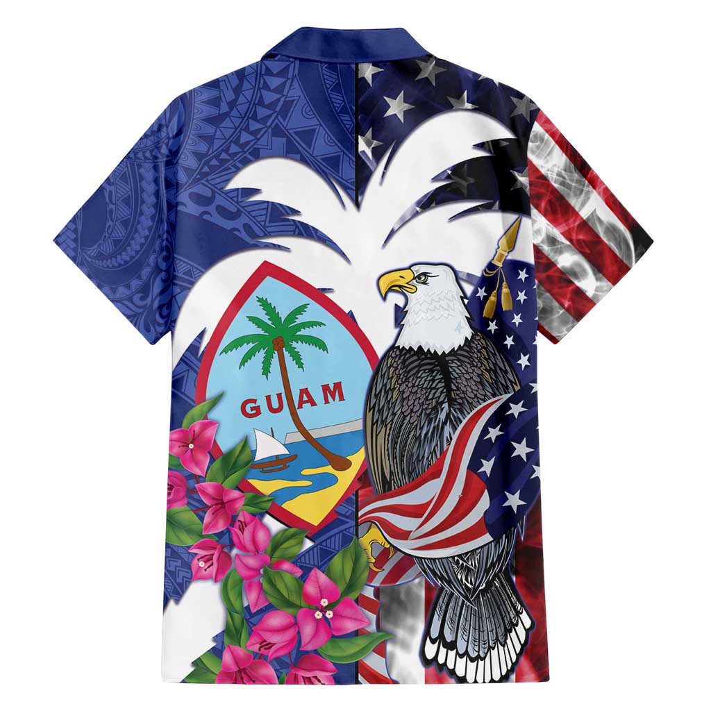 United States Guam Family Matching Off Shoulder Short Dress and Hawaiian Shirt USA Eagle Guahan Seal Bougainvillea - Polynesian Pride