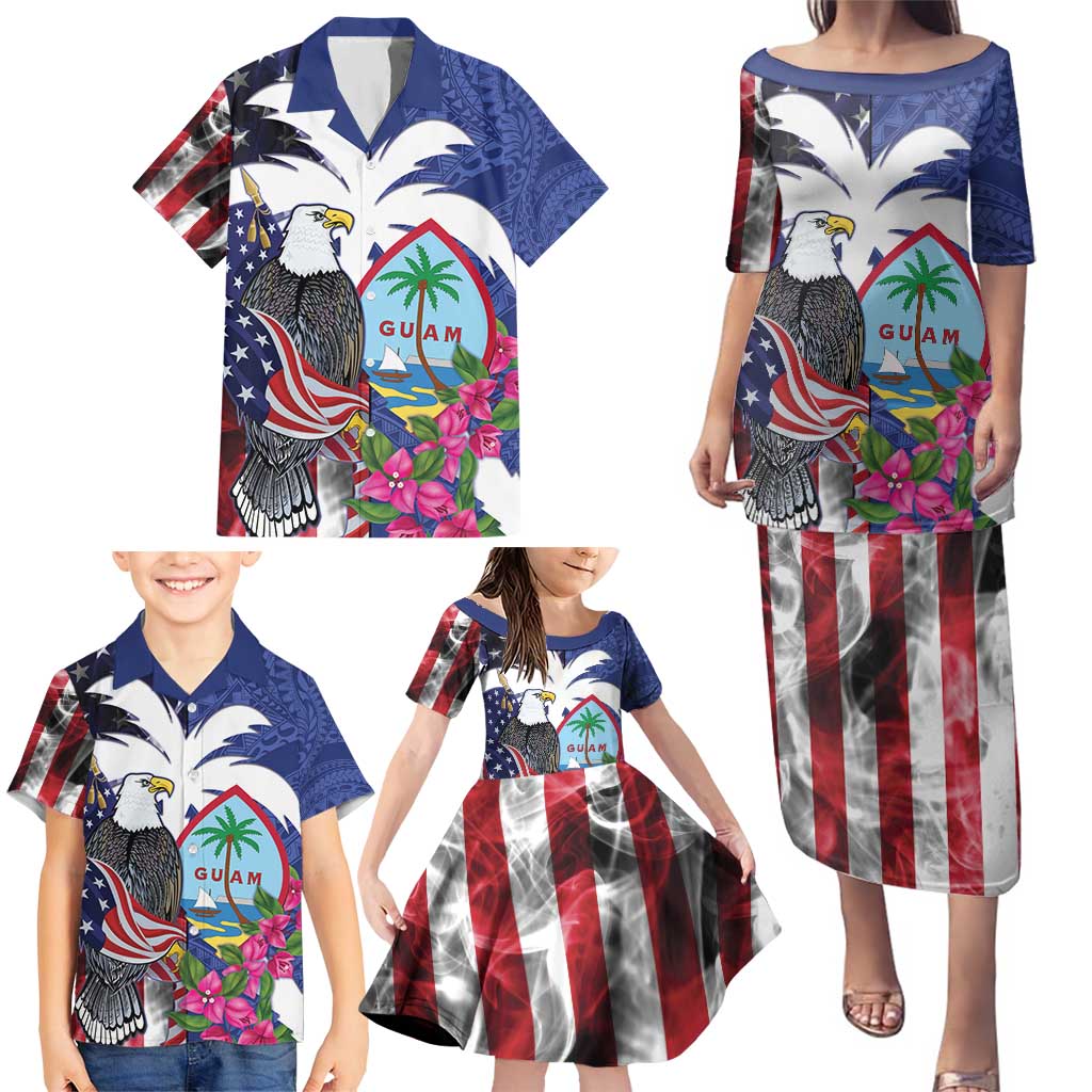 United States Guam Family Matching Puletasi and Hawaiian Shirt USA Eagle Guahan Seal Bougainvillea - Polynesian Pride