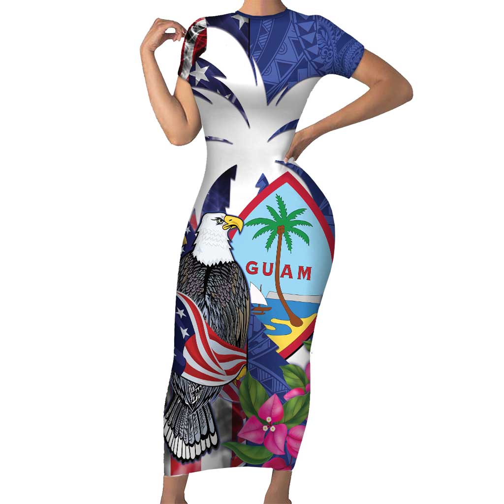 United States Guam Family Matching Short Sleeve Bodycon Dress and Hawaiian Shirt USA Eagle Guahan Seal Bougainvillea - Polynesian Pride