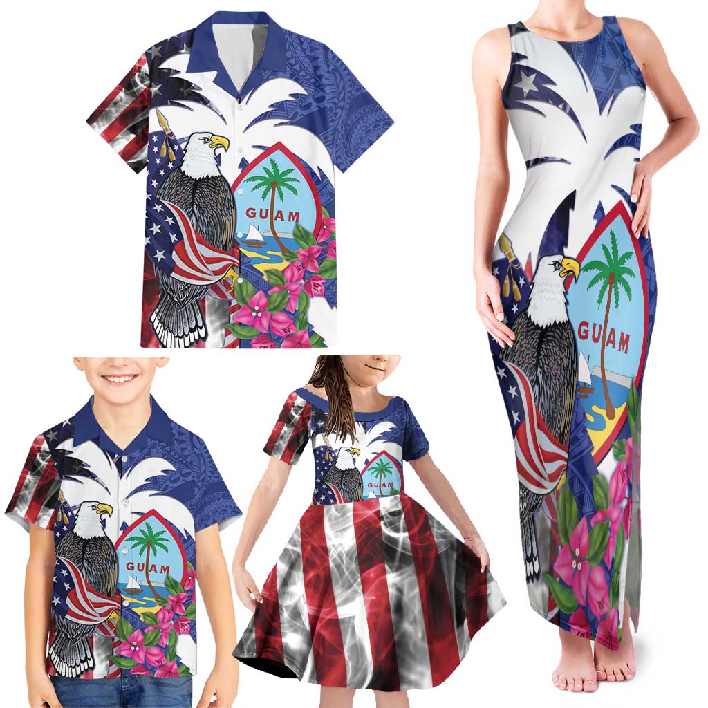 United States Guam Family Matching Tank Maxi Dress and Hawaiian Shirt USA Eagle Guahan Seal Bougainvillea - Polynesian Pride