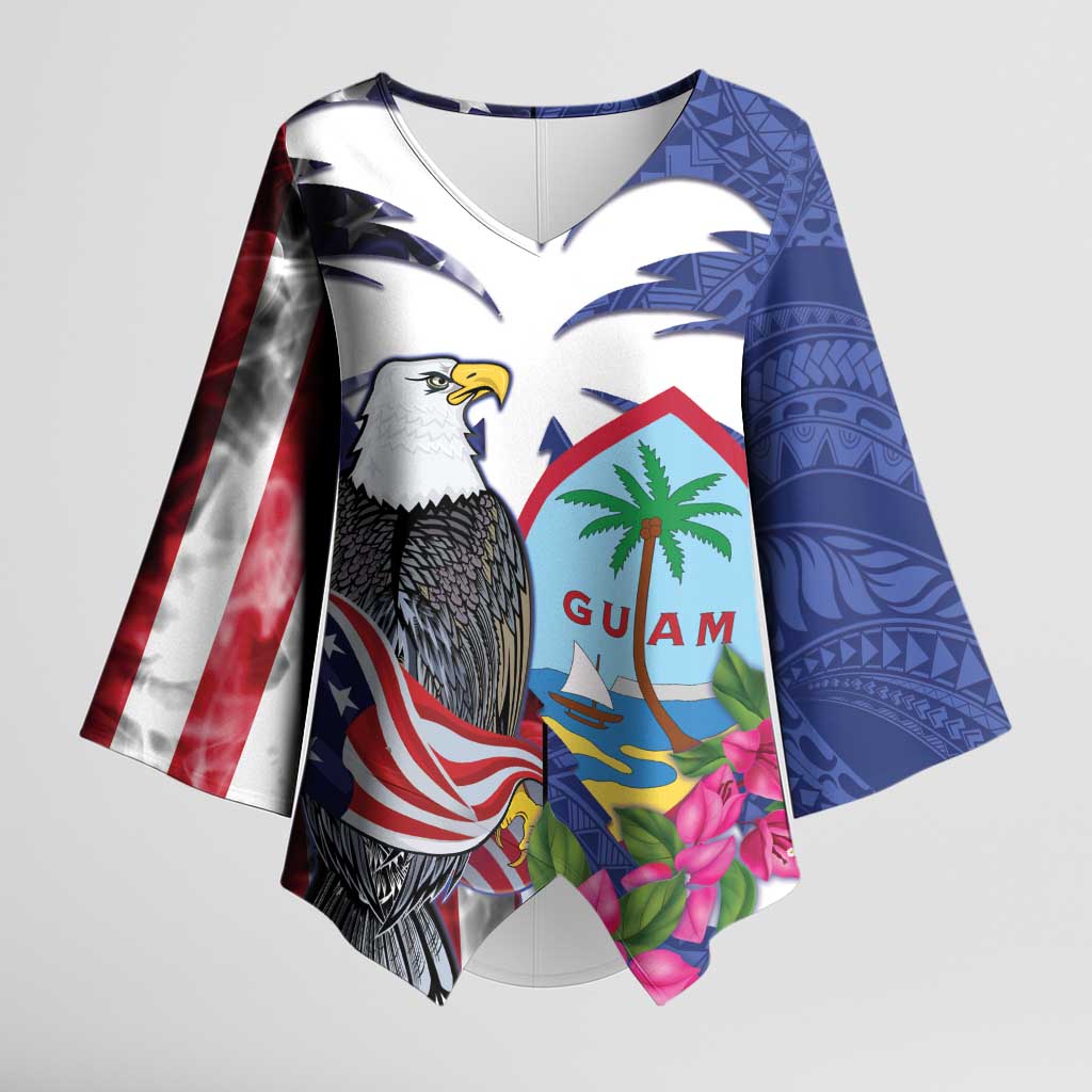 United States Guam Kimono Sleeve Blouse USA Eagle Guahan Seal Bougainvillea LT14 Female Blue - Polynesian Pride