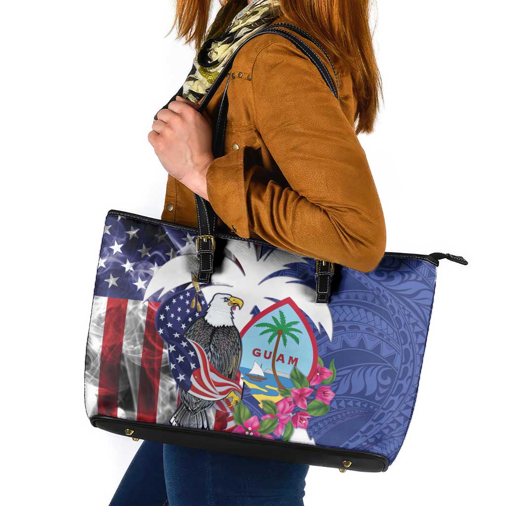 United States Guam Leather Tote Bag USA Eagle Guahan Seal Bougainvillea LT14 Blue - Polynesian Pride