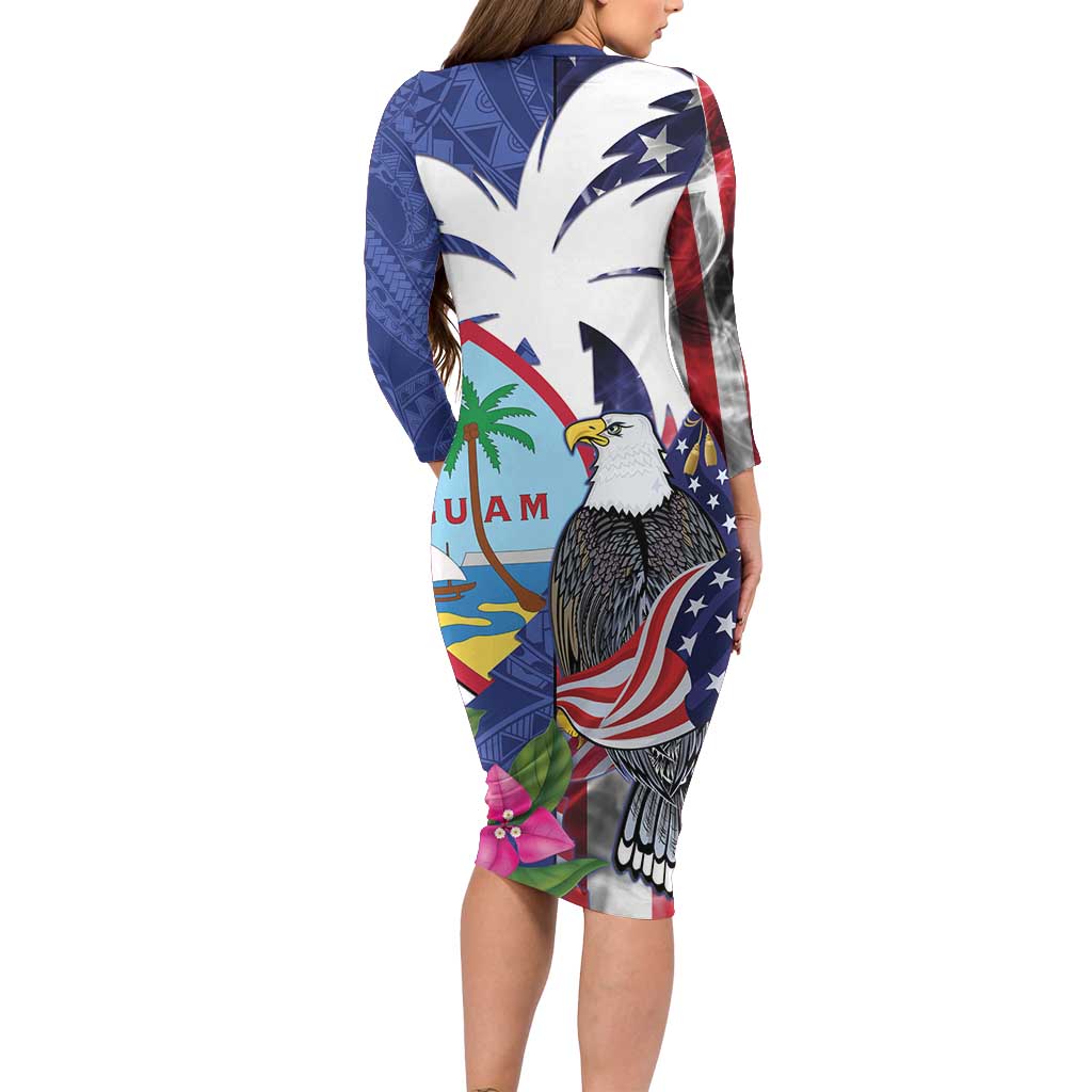 United States Guam Long Sleeve Bodycon Dress USA Eagle Guahan Seal Bougainvillea - Polynesian Pride