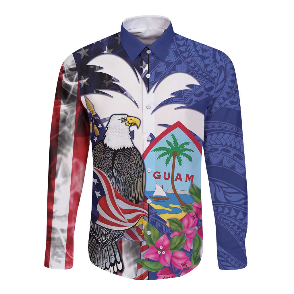 United States Guam Long Sleeve Button Shirt USA Eagle Guahan Seal Bougainvillea LT14 Unisex Blue - Polynesian Pride