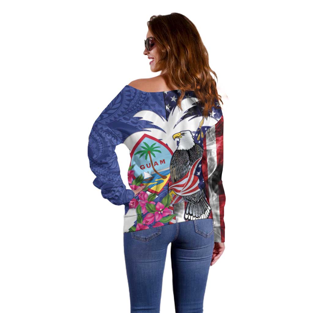 United States Guam Off Shoulder Sweater USA Eagle Guahan Seal Bougainvillea - Polynesian Pride