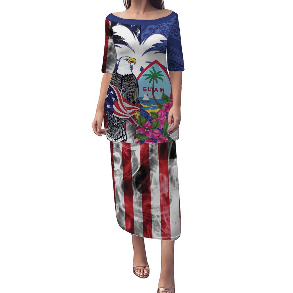 United States Guam Puletasi USA Eagle Guahan Seal Bougainvillea LT14 Long Dress Blue - Polynesian Pride