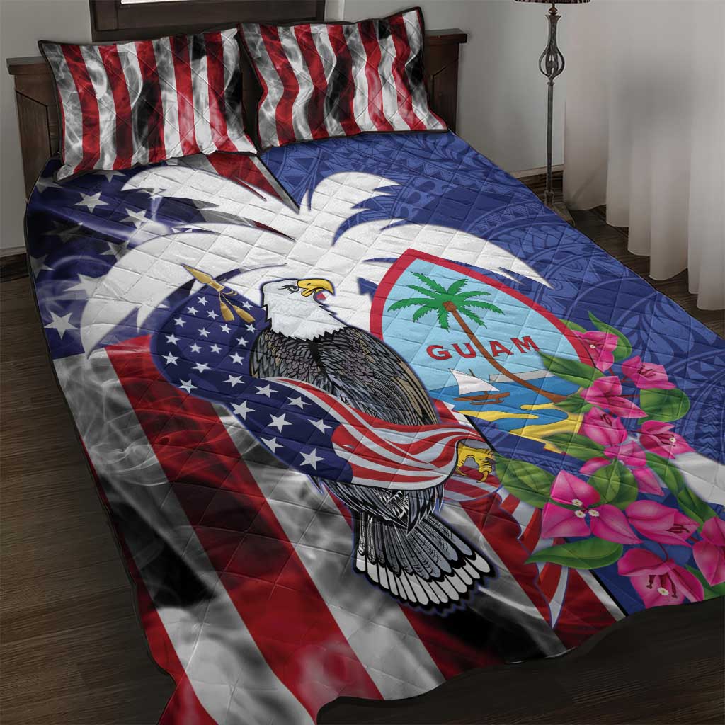 United States Guam Quilt Bed Set USA Eagle Guahan Seal Bougainvillea LT14 Blue - Polynesian Pride