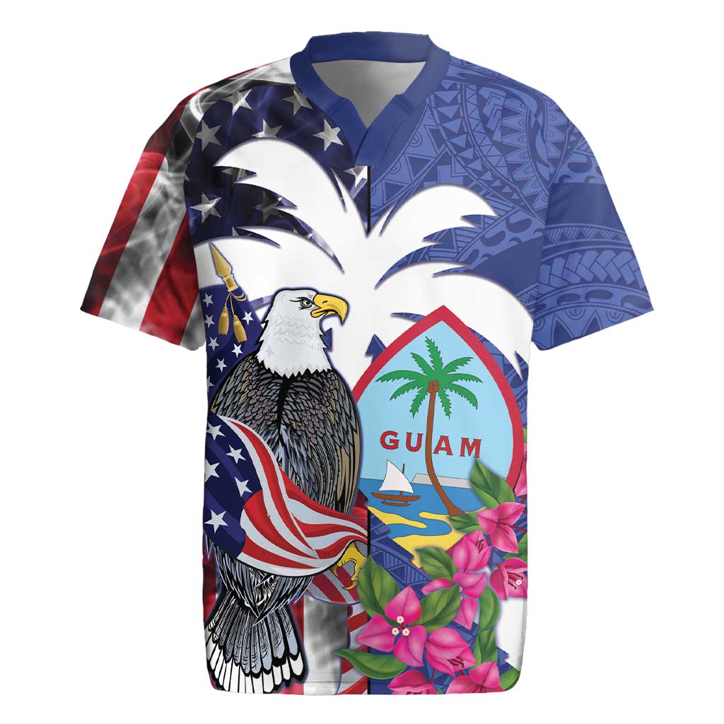 United States Guam Rugby Jersey USA Eagle Guahan Seal Bougainvillea LT14 Blue - Polynesian Pride