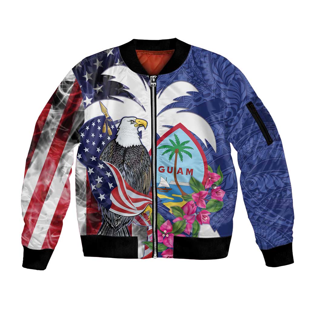 United States Guam Sleeve Zip Bomber Jacket USA Eagle Guahan Seal Bougainvillea LT14 Unisex Blue - Polynesian Pride