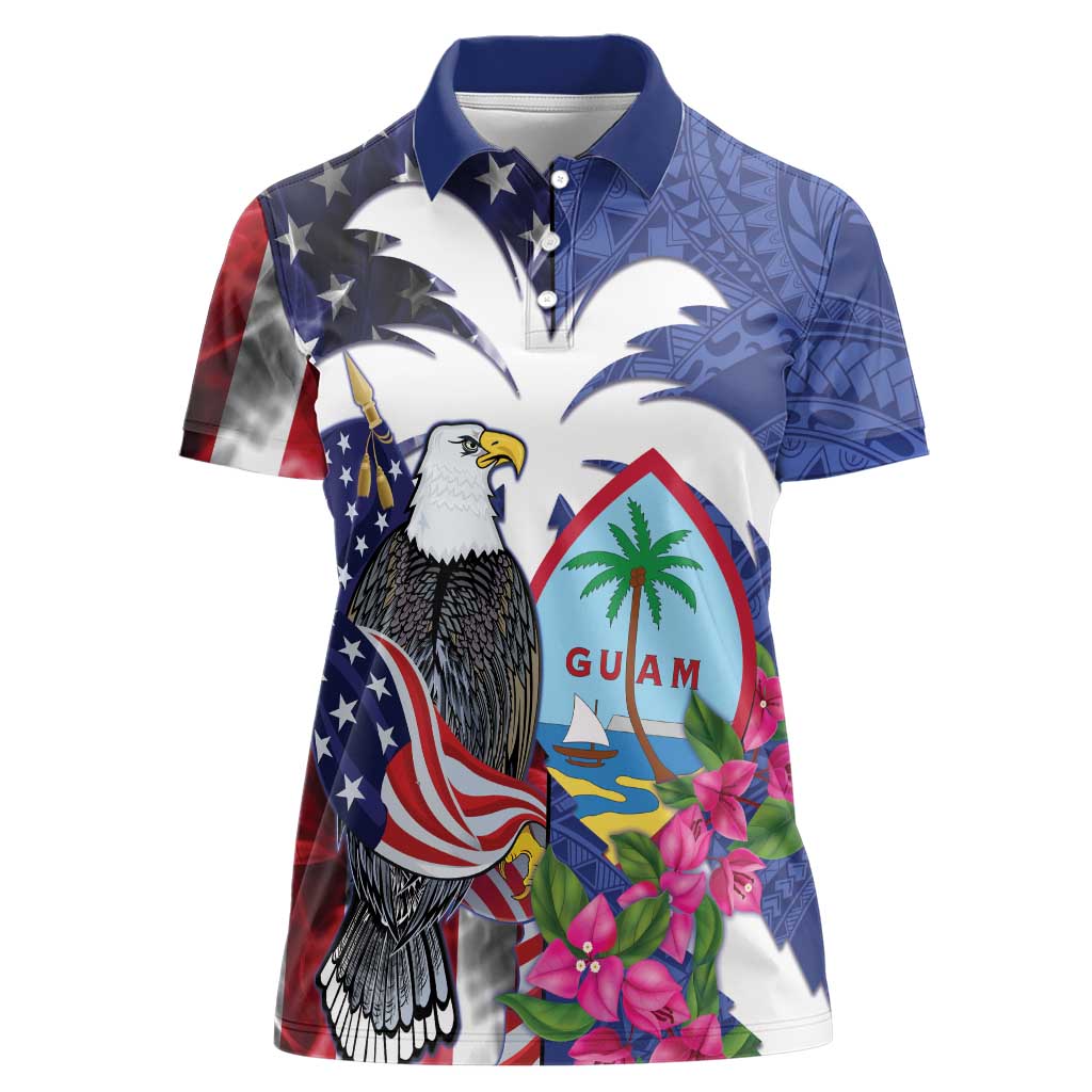United States Guam Women Polo Shirt USA Eagle Guahan Seal Bougainvillea LT14 Female Blue - Polynesian Pride