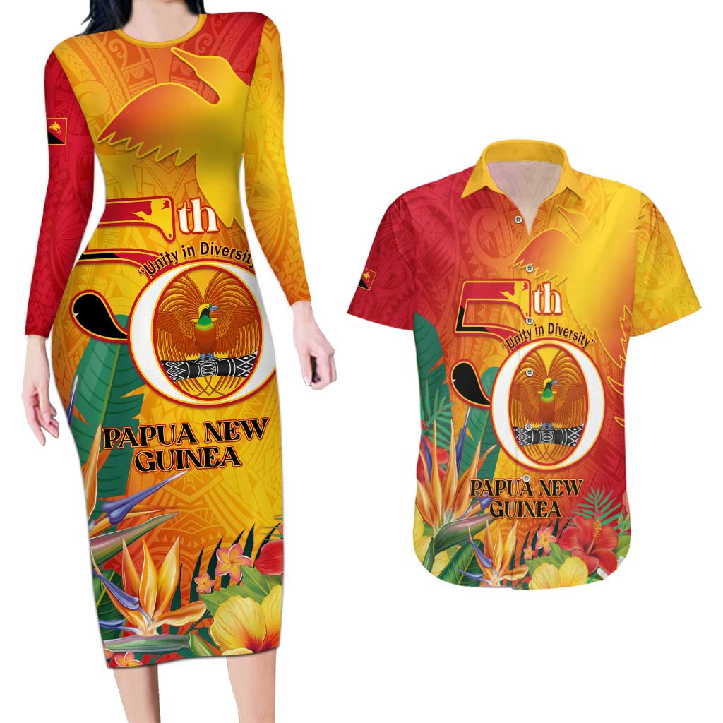 Papua New Guinea Independence Day Couples Matching Long Sleeve Bodycon Dress and Hawaiian Shirt 50th Anniversary Unity in Diversity LT14 Red - Polynesian Pride