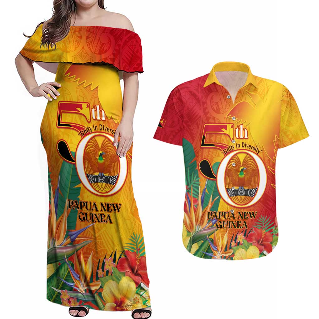 Papua New Guinea Independence Day Couples Matching Off Shoulder Maxi Dress and Hawaiian Shirt 50th Anniversary Unity in Diversity LT14 Red - Polynesian Pride
