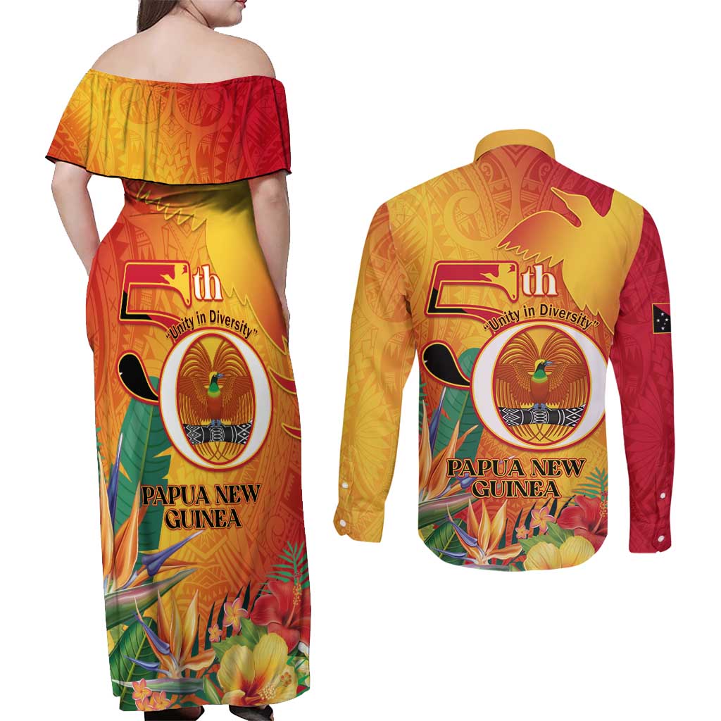 Papua New Guinea Independence Day Couples Matching Off Shoulder Maxi Dress and Long Sleeve Button Shirt 50th Anniversary Unity in Diversity