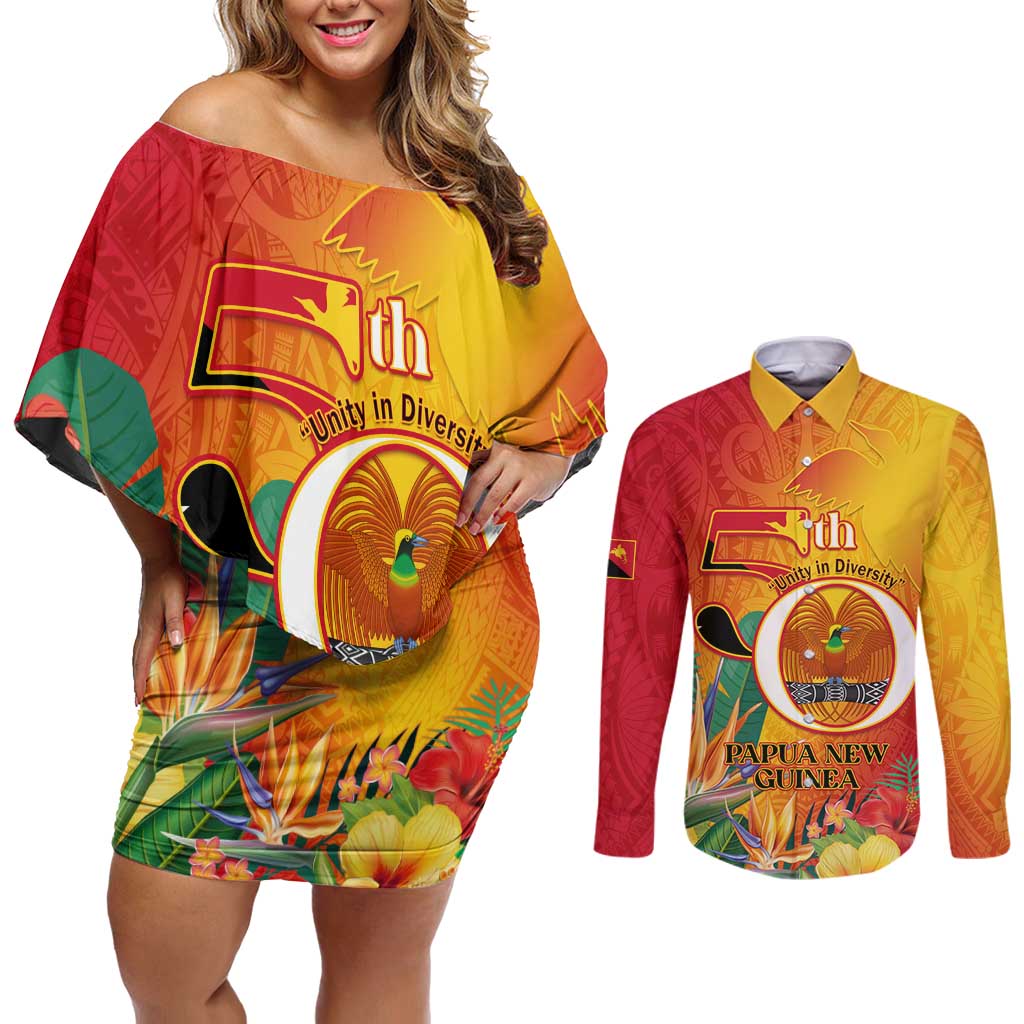 Papua New Guinea Independence Day Couples Matching Off Shoulder Short Dress and Long Sleeve Button Shirt 50th Anniversary Unity in Diversity LT14 Red - Polynesian Pride