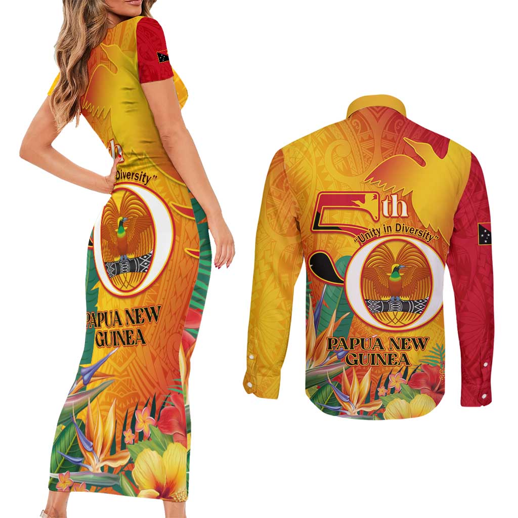 Papua New Guinea Independence Day Couples Matching Short Sleeve Bodycon Dress and Long Sleeve Button Shirt 50th Anniversary Unity in Diversity