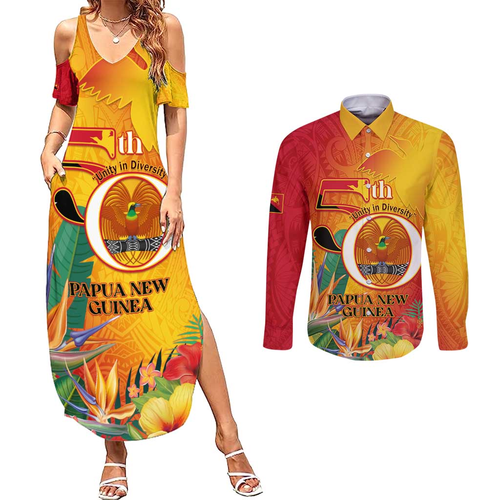 Papua New Guinea Independence Day Couples Matching Summer Maxi Dress and Long Sleeve Button Shirt 50th Anniversary Unity in Diversity LT14 Red - Polynesian Pride