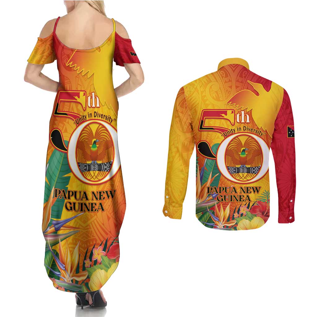 Papua New Guinea Independence Day Couples Matching Summer Maxi Dress and Long Sleeve Button Shirt 50th Anniversary Unity in Diversity