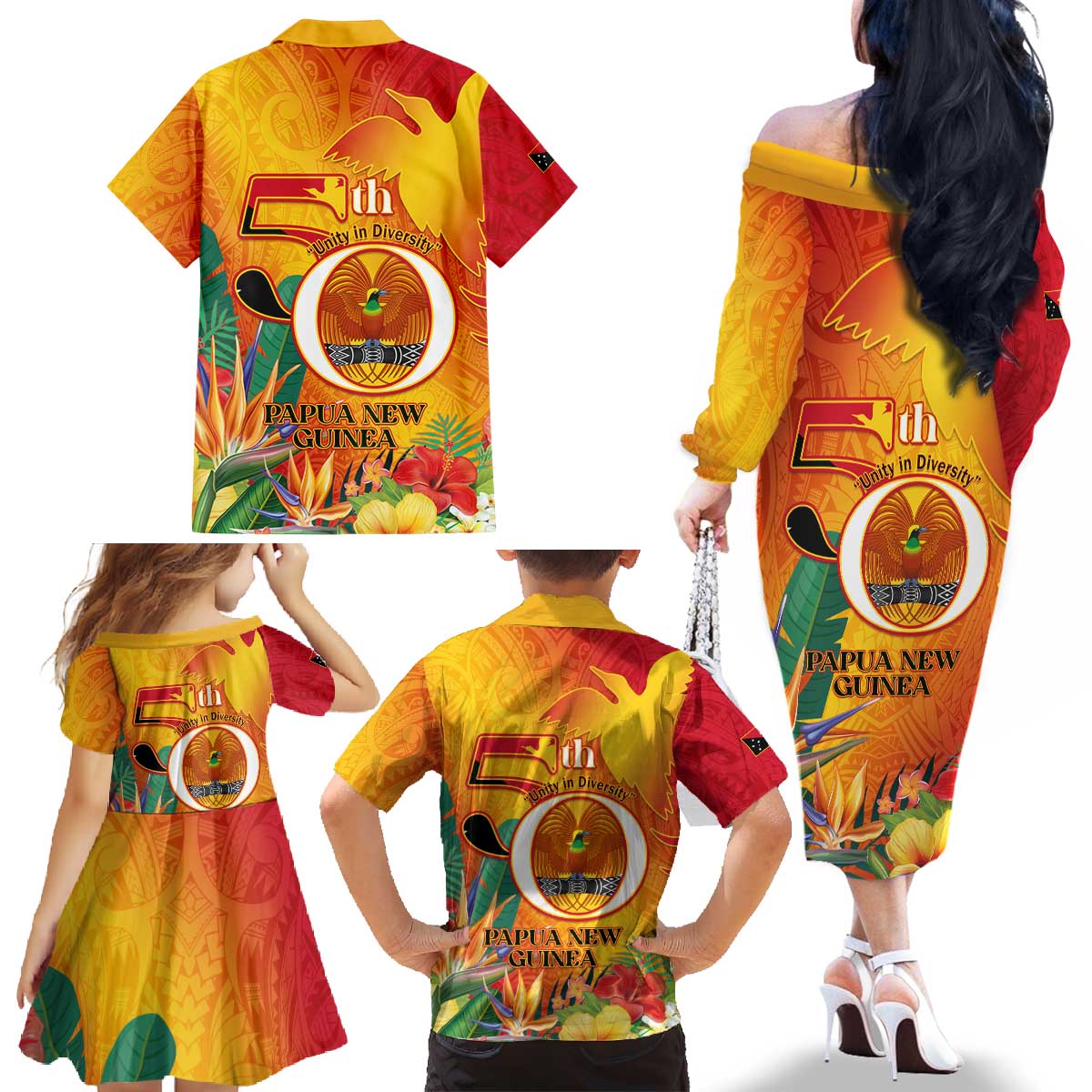Papua New Guinea Independence Day Family Matching Off The Shoulder Long Sleeve Dress and Hawaiian Shirt 50th Anniversary Unity in Diversity