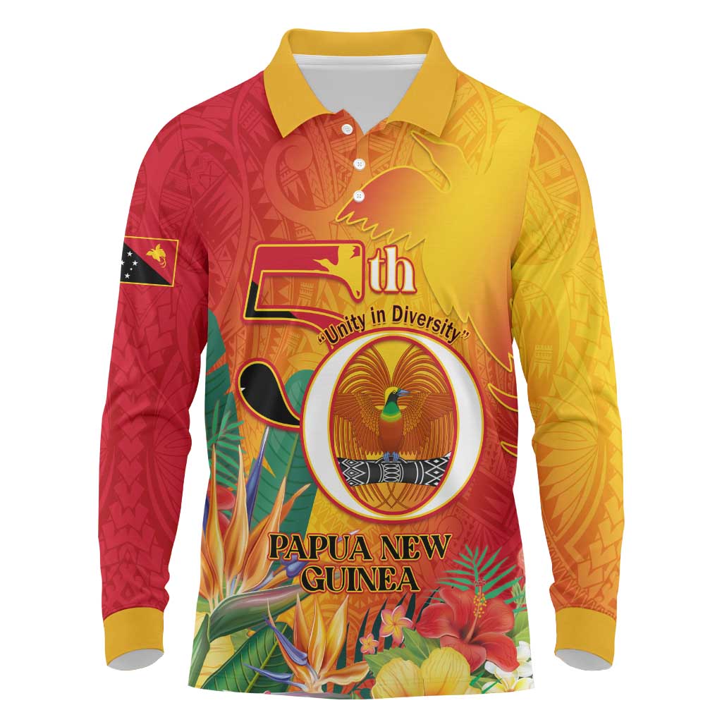Papua New Guinea Independence Day Long Sleeve Polo Shirt 50th Anniversary Unity in Diversity