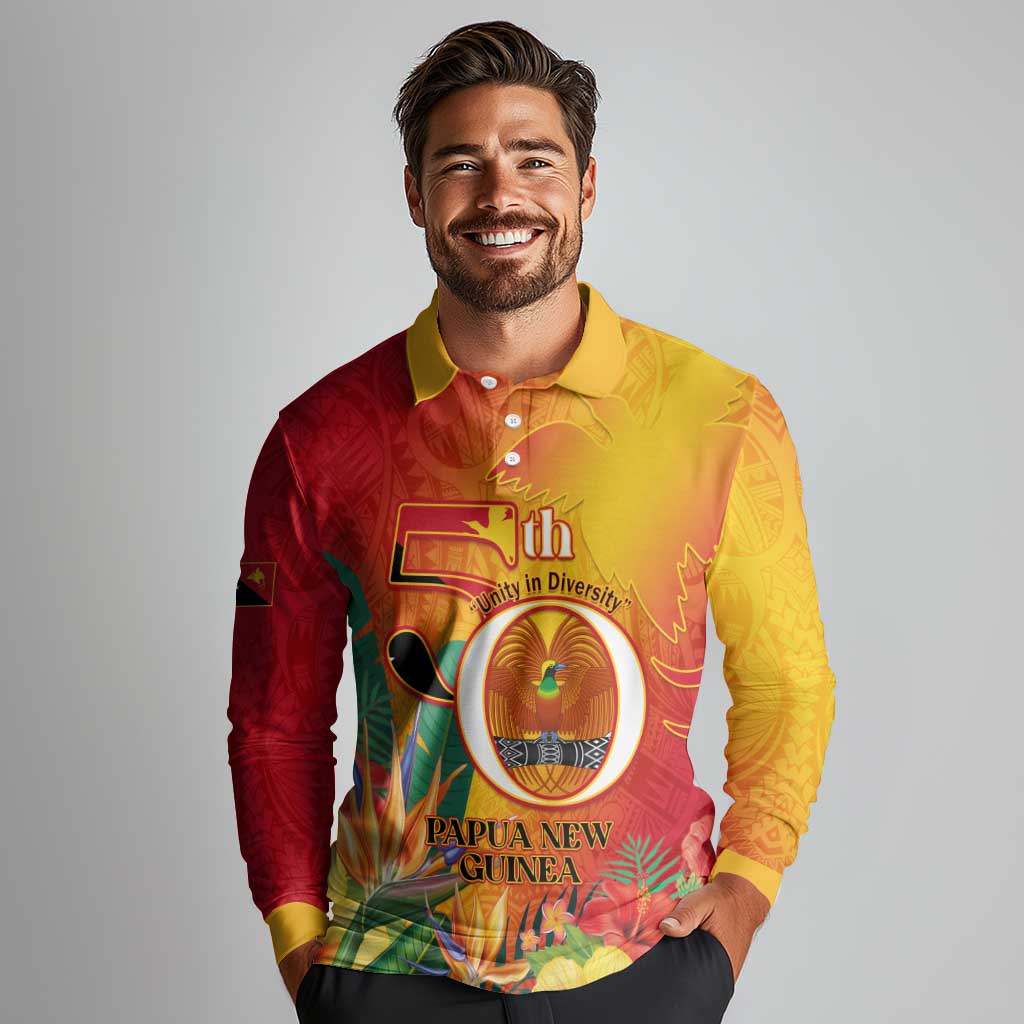 Papua New Guinea Independence Day Long Sleeve Polo Shirt 50th Anniversary Unity in Diversity