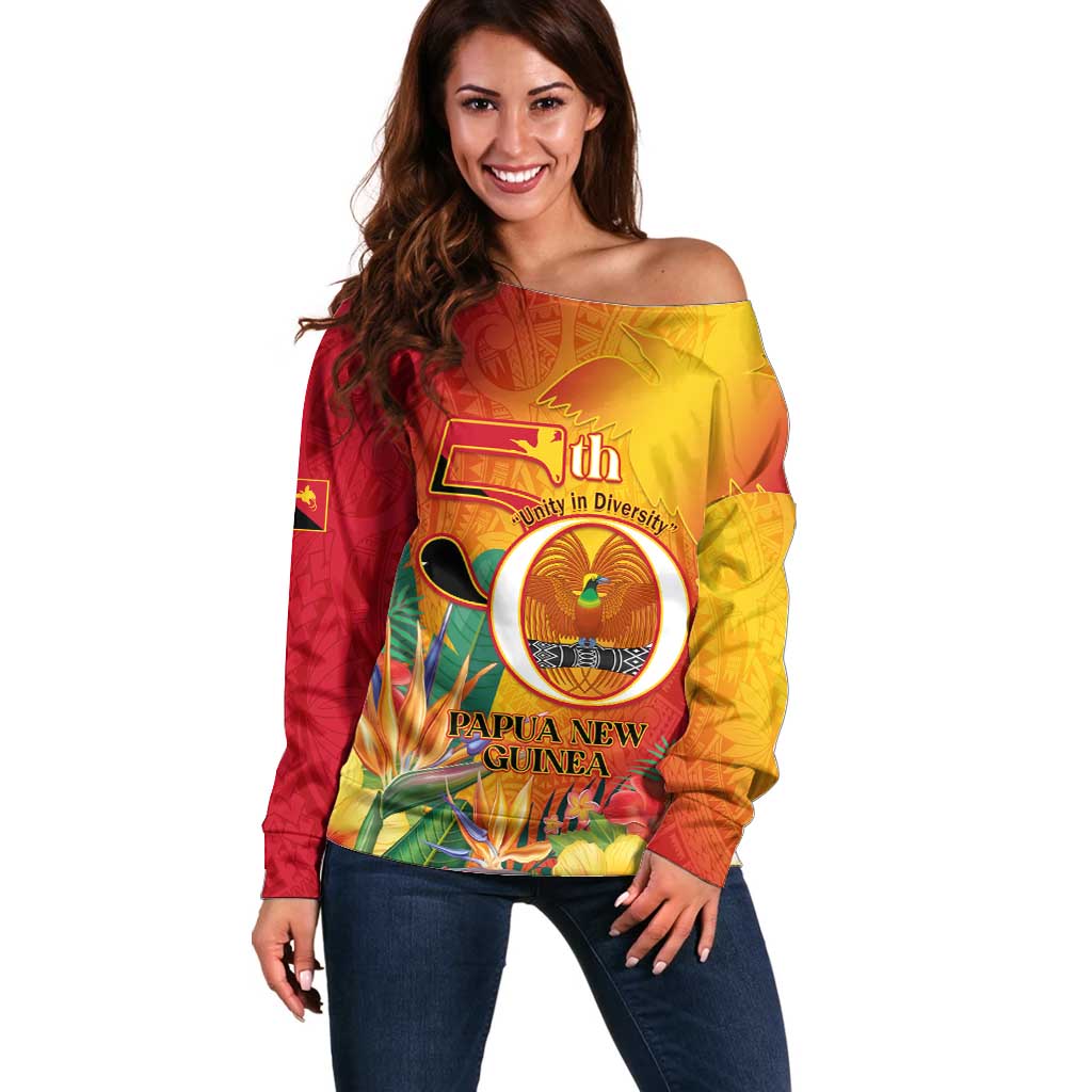 Papua New Guinea Independence Day Off Shoulder Sweater 50th Anniversary Unity in Diversity LT14 Women Red - Polynesian Pride
