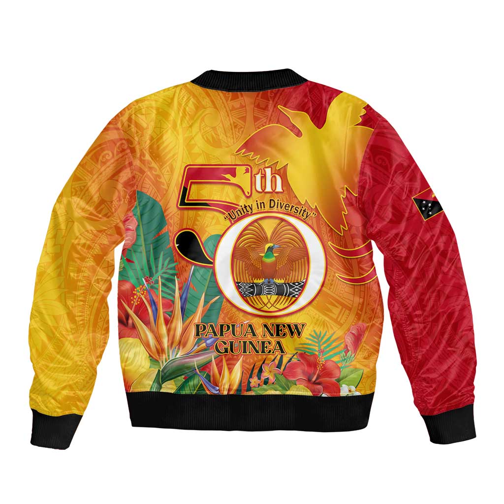 Papua New Guinea Independence Day Sleeve Zip Bomber Jacket 50th Anniversary Unity in Diversity