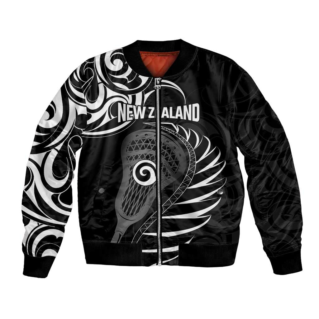 Personalised New Zealand Silver Fern Lacrosse Bomber Jacket Aotearoa Maori Pattern LT14 Unisex Black - Polynesian Pride